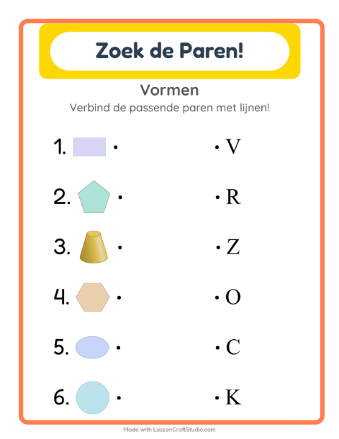 Voorbeeld van het Koppelen-werkblad met Vormen voor kleuterklas