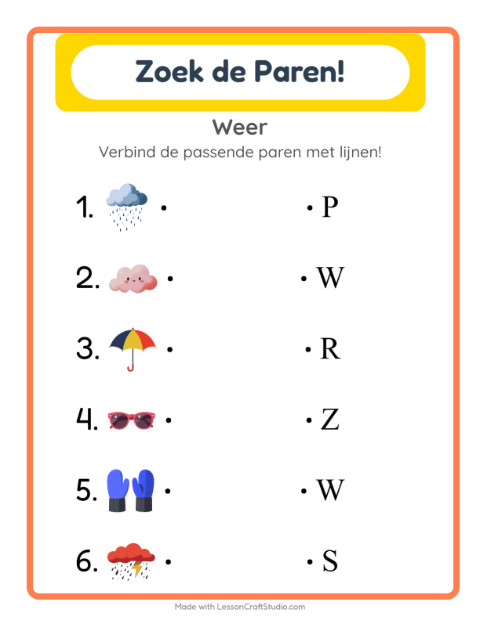 Voorbeeld van het Koppelen-werkblad met Weer voor kleuterklas