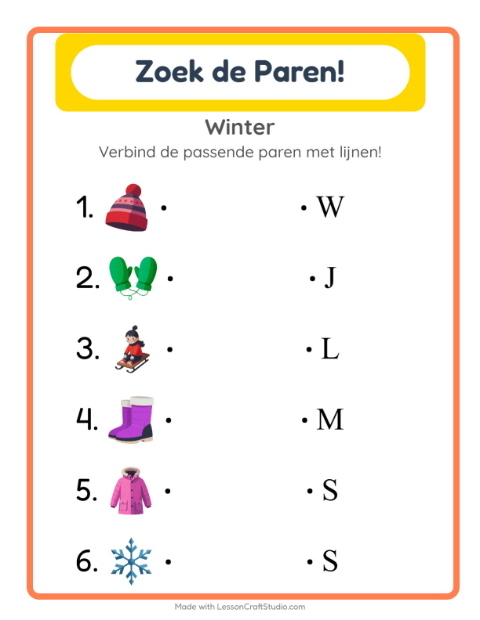 Voorbeeld van het Koppelen-werkblad met Winter voor kleuterklas