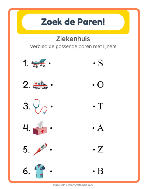Voorbeeld van het Koppelen-werkblad met Ziekenhuis voor kleuterklas