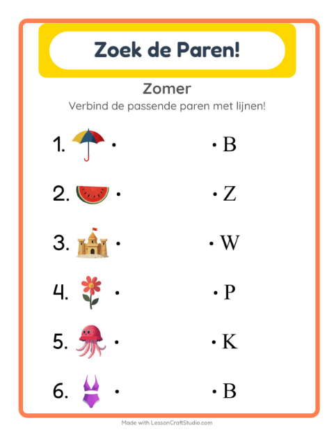 Voorbeeld van het Koppelen-werkblad met Zomer voor kleuterklas