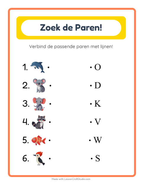 Voorbeeld van het Koppelen-werkblad voor kleuterklas
