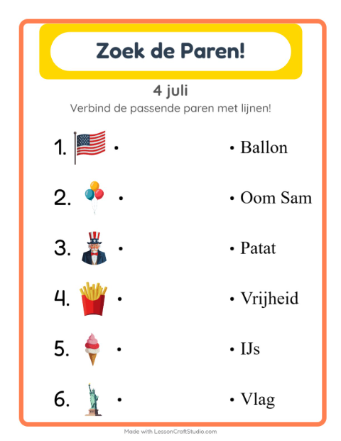 Voorbeeld van het Koppelen-werkblad met 4 juli voor kleuterklas