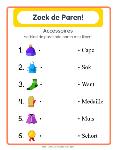 Voorbeeld van het Koppelen-werkblad met Accessoires voor kleuterklas