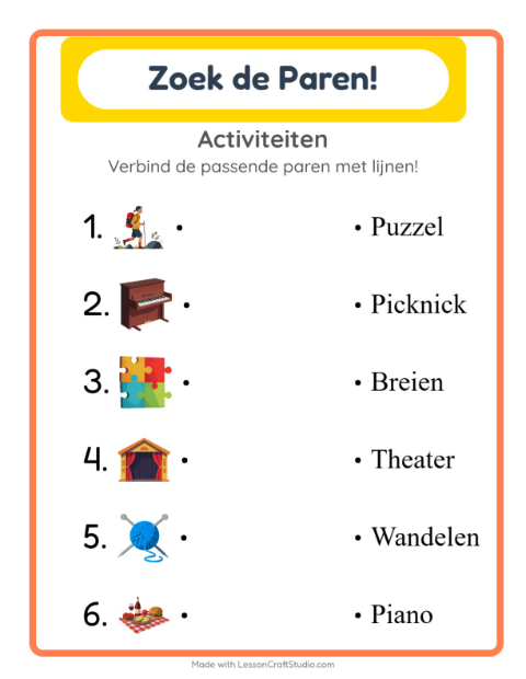Voorbeeld van het Koppelen-werkblad met Activiteiten voor kleuterklas