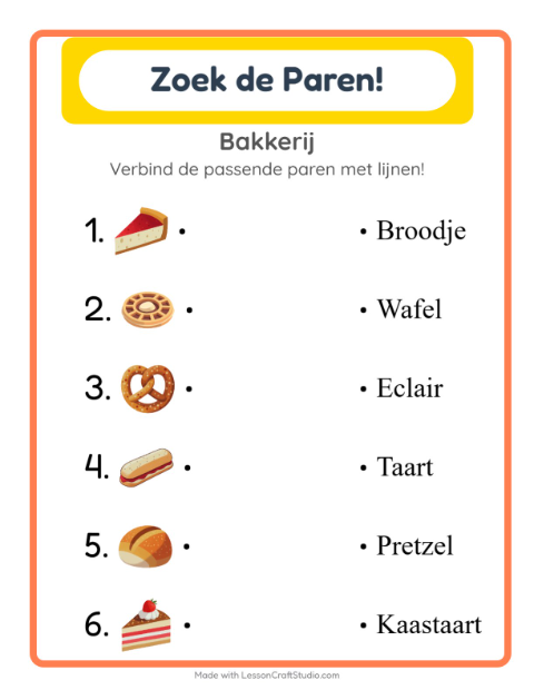 Voorbeeld van het Koppelen-werkblad met Bakkerij voor kleuterklas