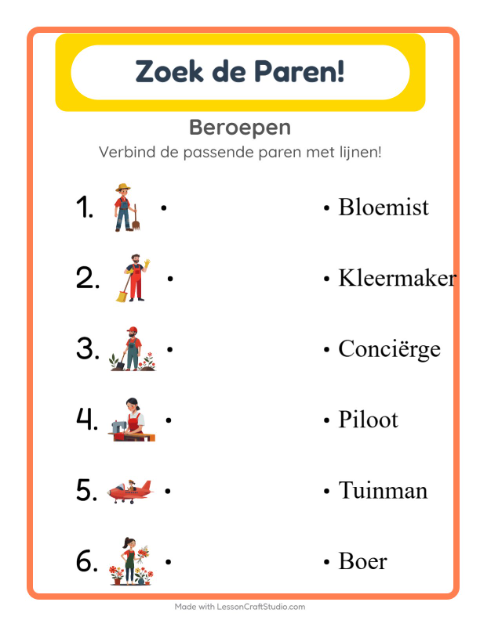 Voorbeeld van het Koppelen-werkblad met Beroepen voor kleuterklas
