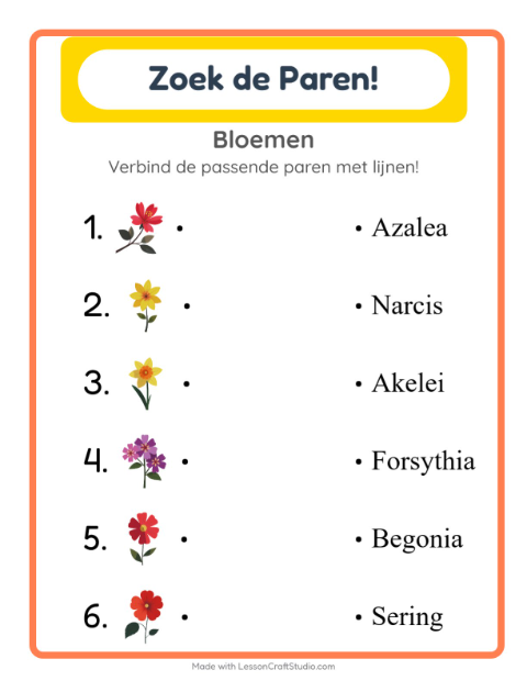 Voorbeeld van het Koppelen-werkblad met Bloemen voor kleuterklas