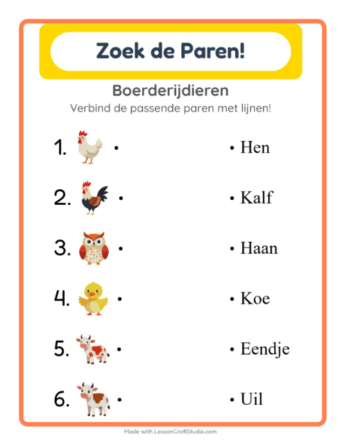 Voorbeeld van het Koppelen-werkblad met Boerderijdieren voor kleuterklas