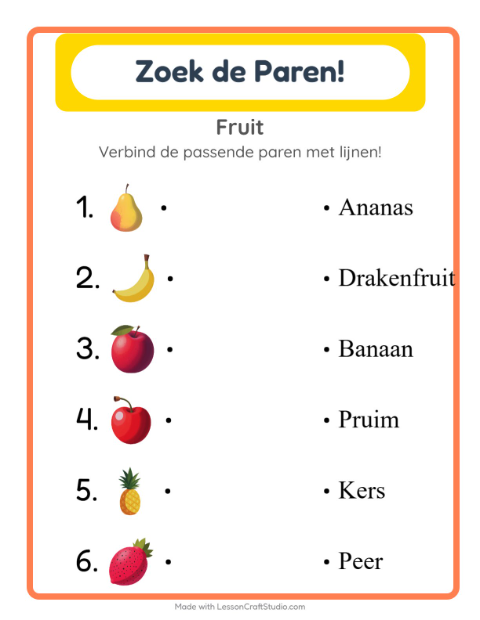 Voorbeeld van het Koppelen-werkblad met Fruit voor kleuterklas