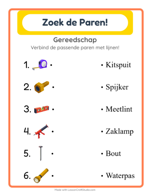 Voorbeeld van het Koppelen-werkblad met Gereedschap voor kleuterklas