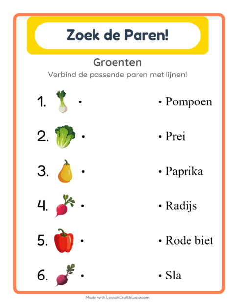 Voorbeeld van het Koppelen-werkblad met Groenten voor kleuterklas