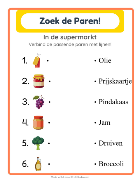 Voorbeeld van het Koppelen-werkblad met In de supermarkt voor kleuterklas