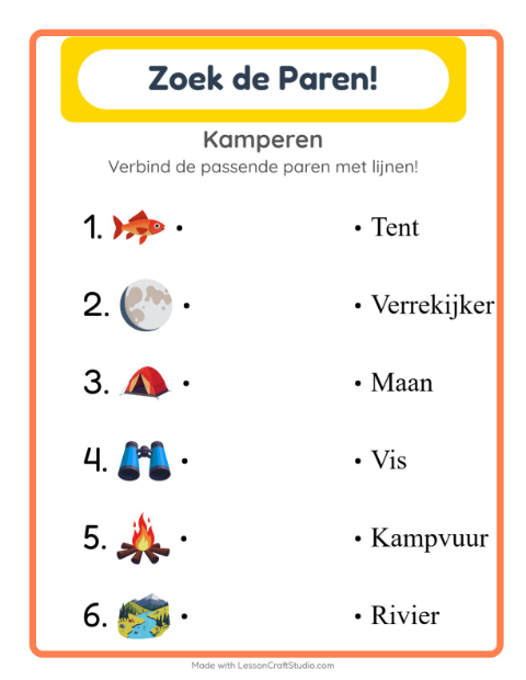 Voorbeeld van het Koppelen-werkblad met Kamperen voor kleuterklas