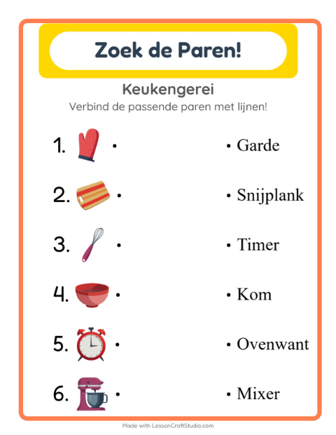 Voorbeeld van het Koppelen-werkblad met Keukengerei voor kleuterklas