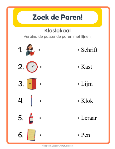 Voorbeeld van het Koppelen-werkblad met Klaslokaal voor kleuterklas