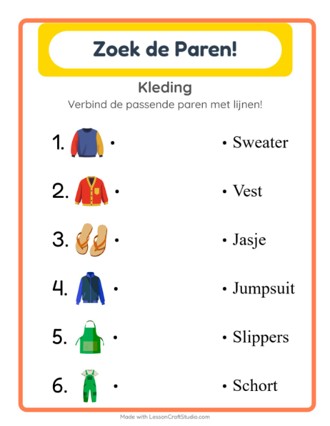 Voorbeeld van het Koppelen-werkblad met Kleding voor kleuterklas