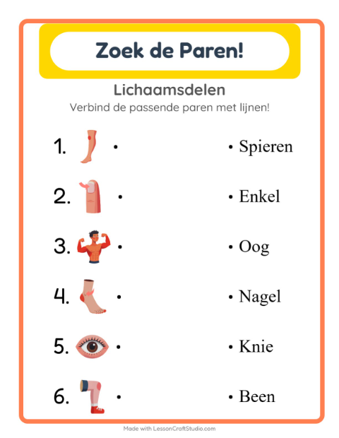 Voorbeeld van het Koppelen-werkblad met Lichaamsdelen voor kleuterklas