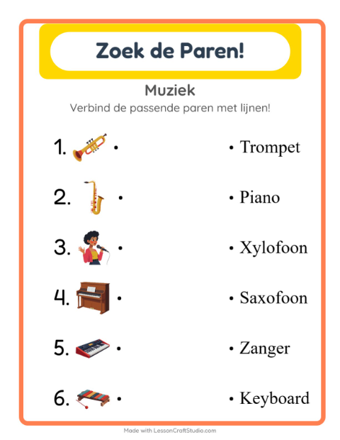 Voorbeeld van het Koppelen-werkblad met Muziek voor kleuterklas