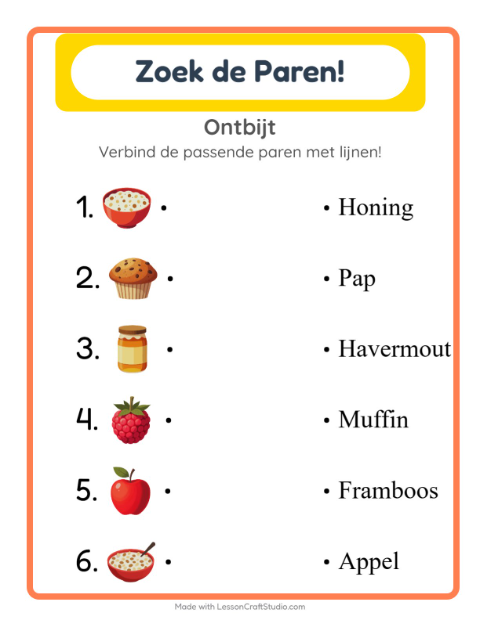 Voorbeeld van het Koppelen-werkblad met Ontbijt voor kleuterklas