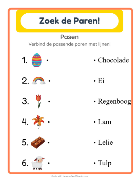 Voorbeeld van het Koppelen-werkblad met Pasen voor kleuterklas