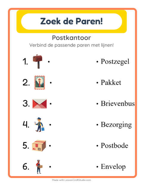 Voorbeeld van het Koppelen-werkblad met Postkantoor voor kleuterklas