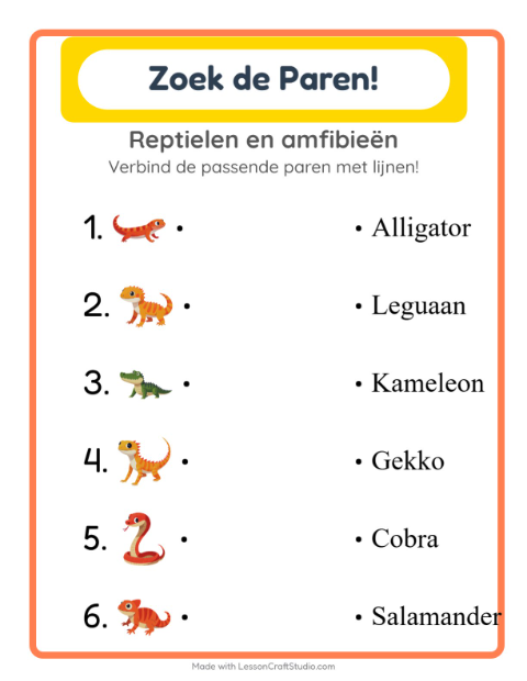 Voorbeeld van het Koppelen-werkblad met Reptielen en amfibieën voor kleuterklas
