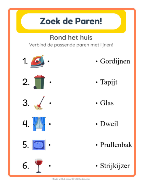 Voorbeeld van het Koppelen-werkblad met Rond het huis voor kleuterklas