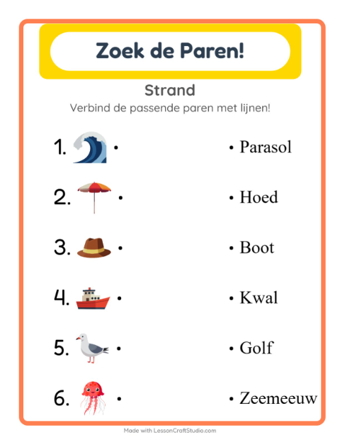 Voorbeeld van het Koppelen-werkblad met Strand voor kleuterklas