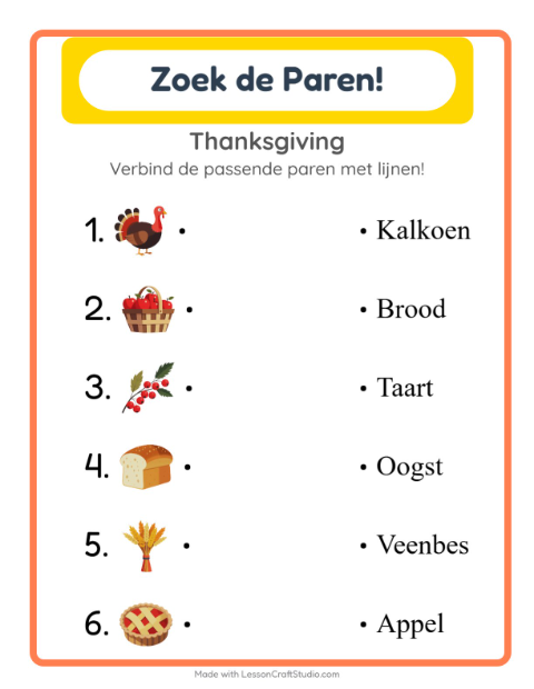 Voorbeeld van het Koppelen-werkblad met Thanksgiving voor kleuterklas