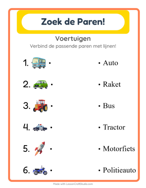Voorbeeld van het Koppelen-werkblad met Voertuigen voor kleuterklas