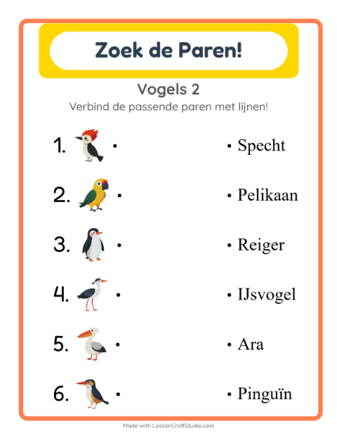 Voorbeeld van het Koppelen-werkblad met Vogels 2 voor kleuterklas