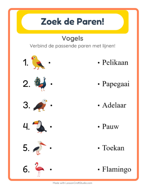 Voorbeeld van het Koppelen-werkblad met Vogels voor kleuterklas