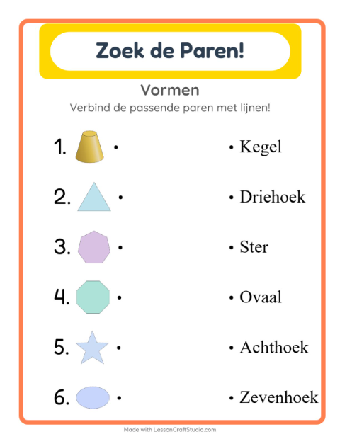 Voorbeeld van het Koppelen-werkblad met Vormen voor kleuterklas