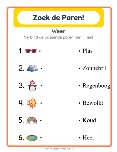 Voorbeeld van het Koppelen-werkblad met Weer voor kleuterklas