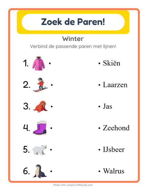 Voorbeeld van het Koppelen-werkblad met Winter voor kleuterklas