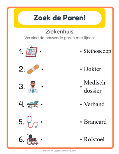 Voorbeeld van het Koppelen-werkblad met Ziekenhuis voor kleuterklas