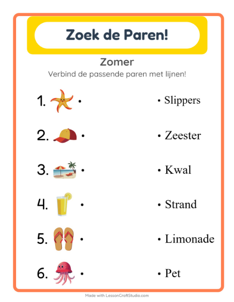 Voorbeeld van het Koppelen-werkblad met Zomer voor kleuterklas