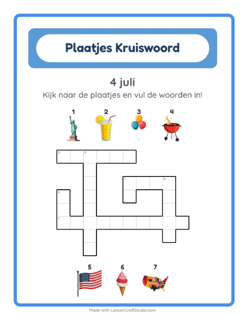 Voorbeeld van het Kruiswoordraadsel-werkblad met 4 juli voor groep 4