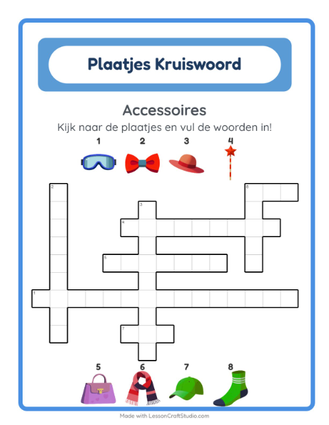 Voorbeeld van het Kruiswoordraadsel-werkblad met Accessoires voor groep 4