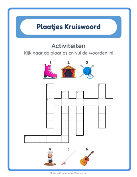 Voorbeeld van het Kruiswoordraadsel-werkblad met Activiteiten voor groep 4