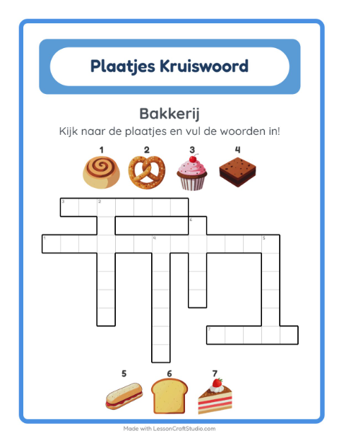 Voorbeeld van het Kruiswoordraadsel-werkblad met Bakkerij voor groep 4