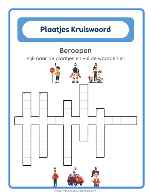 Voorbeeld van het Kruiswoordraadsel-werkblad met Beroepen voor groep 4