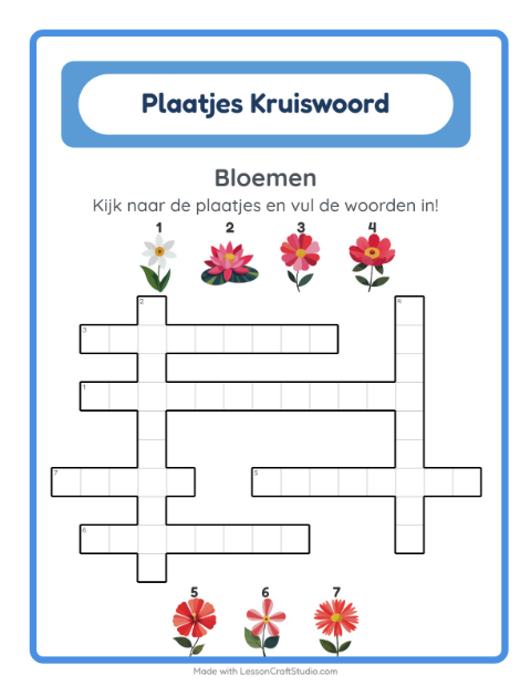 Voorbeeld van het Kruiswoordraadsel-werkblad met Bloemen voor groep 4