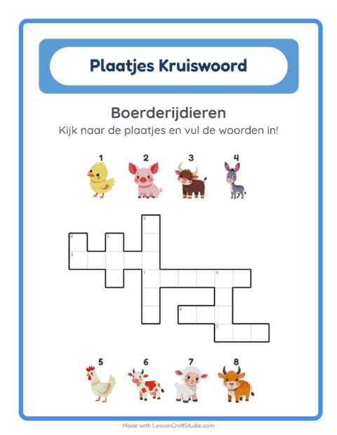 Voorbeeld van het Kruiswoordraadsel-werkblad met Boerderijdieren voor groep 4