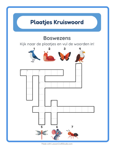 Voorbeeld van het Kruiswoordraadsel-werkblad met Boswezens voor groep 4