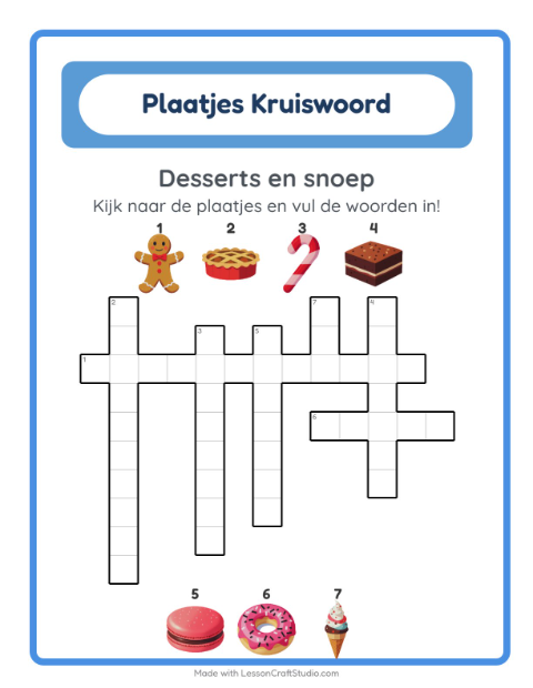 Voorbeeld van het Kruiswoordraadsel-werkblad met Desserts en snoep voor groep 4