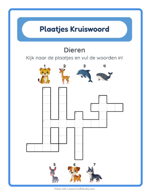 Voorbeeld van het Kruiswoordraadsel-werkblad met Dieren voor groep 4