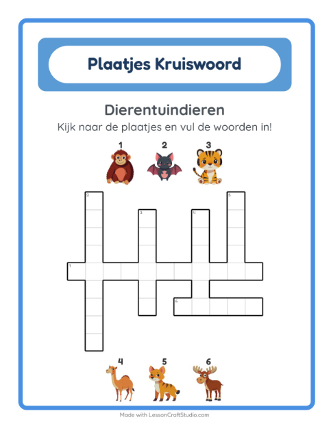 Voorbeeld van het Kruiswoordraadsel-werkblad met Dierentuindieren voor groep 4