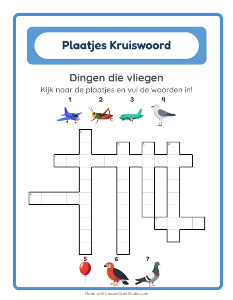 Voorbeeld van het Kruiswoordraadsel-werkblad met Dingen die vliegen voor groep 4